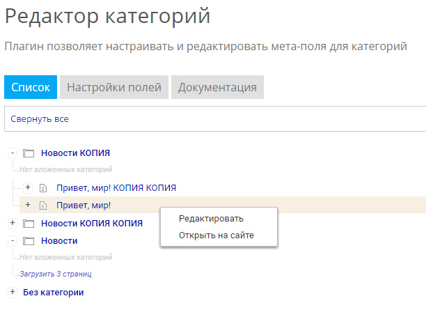 Редактор категорий/рубрик в действии